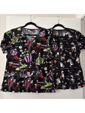 Lot of 2 Disney Scrub Tops Womens S Nightmare Christmas Unicorn Medical Uniforms